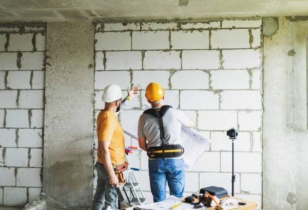 Two men in hard hats collaborate on wall construction during a step-by-step whole home remodel project.
